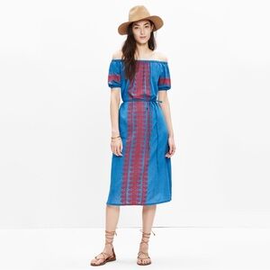 MADEWELL Chambray Embroidered Short Sleeve Off The Shoulder Dress